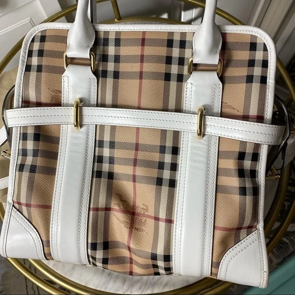 VTG Burberry Minford Satchel Haymarket Coated Canvas White Leather Gold Hardware - Picture 14 of 16